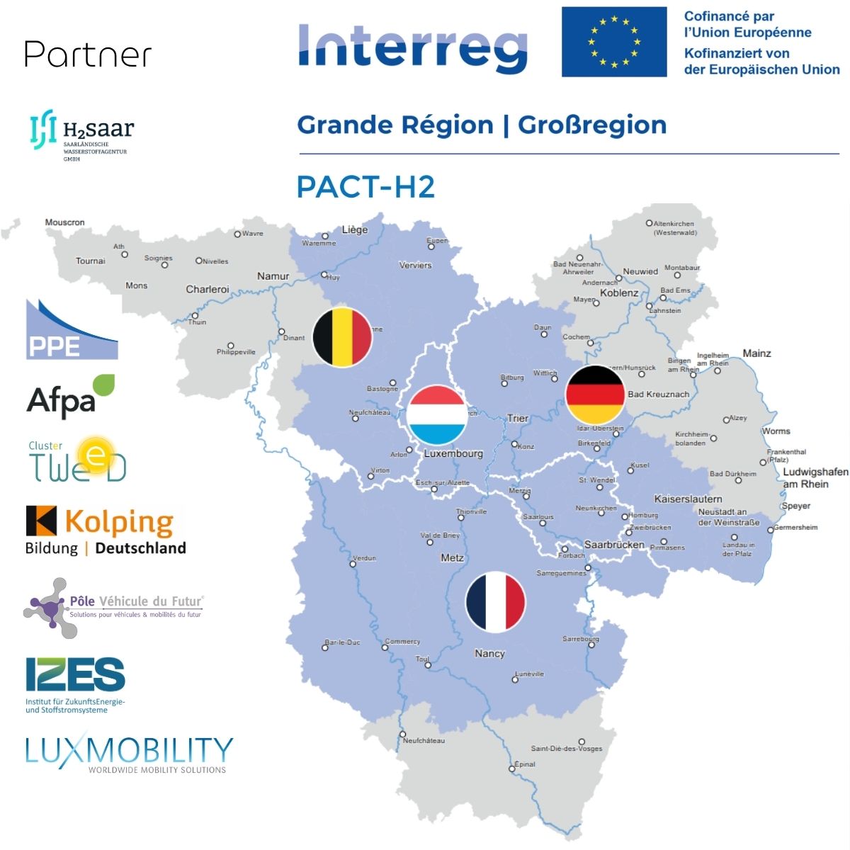Karte der beteiligten Region Saarland, RLP, Luxemburg, Walonien und Lothringen.